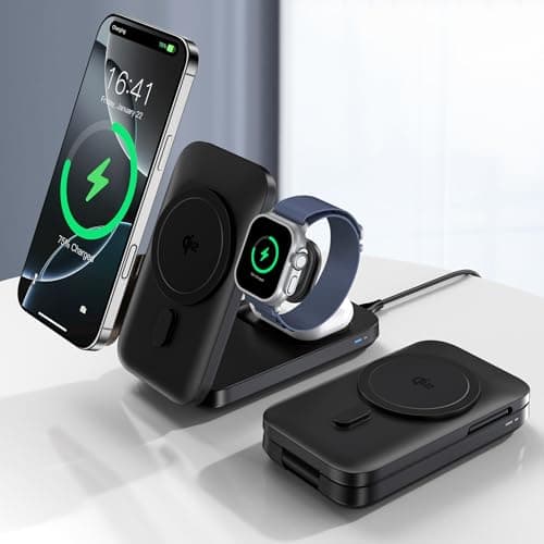3 in 1 Wireless Charging Station for Apple Devices, Qi2 Certified 15W Mag Safe Charger Stand Fast Foldable Magnetic Charger for iPhone 16-12 Series, Apple Watch, AirPods ((Adapter not Included)