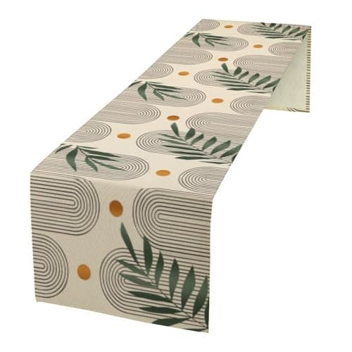 Houselerax Mid Century BohoTable Runner,Aesthetic Abstract Modern Bohemian Green Leaves Kitchen Dining Table Decor for Wedding Indoor Outdoor, 13 x 36 Inch