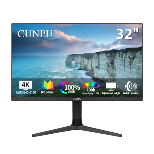 CUNPU 32 inch 4K UHD (3840 x 2160) Monitor IPS Ultra-Thin Computer Monitor 60Hz sRGB 100% Built-in Dual Speakers HDR10 VESA DisplayPort HDMI Height/Tilt/Pivot Adjustment