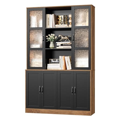 FINETONES 71"H Black Bookcase with Doors, Double Wide Bookshelf and Bookcase with Doors, Large Bookshelves Storage Cabinet with 13 Compartments, Tall Storage Cabinet Display Organizer for Living Room