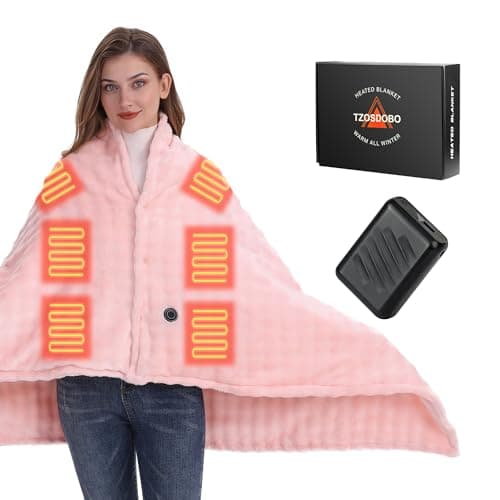 TZOSDOBO Cordless Heated Blanket, Battery Operated Heating Blanket with 20000mAh Rechargeable Power Bank, Portable Heated Throw Blanket, 59"x 35.5" Electric Heated Shawl, 3 Fast-Heating Levels (Pink)