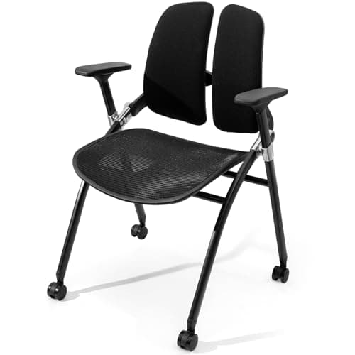 FYLICA Dual-Backrest Foldable Computer Chair, Folding Conference Room Chair with Dynamic Double Back Support, Breathable Mesh Seat & 360°Rolling Wheel, Foldable Chair Indoor (Left & Right Backrest)