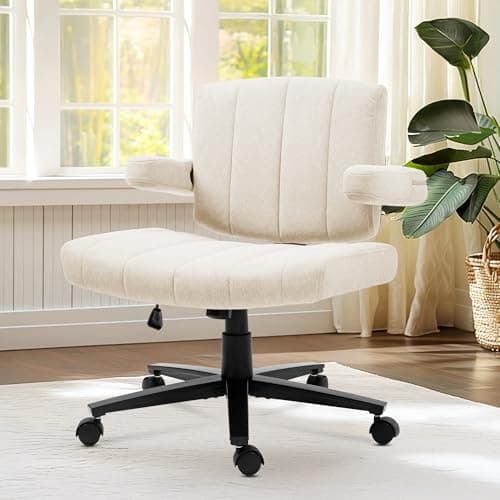 Vigosit Criss Cross Chair with Wheels – Comfortable Vanity Chair, Wide Rolling Cross Legged Office Chairs with Arms, Adjustable Desk Chairs Comfy for Home Office, Swivel Task (White)