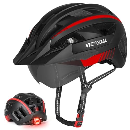 VICTGOAL Bike Helmet for Men Women with Led Light Detachable Magnetic Goggles Removable Sun Visor Mountain & Road Bicycle Helmets Adjustable Size Adult Cycling Helmets (L: 57-61 cm, Black Red)