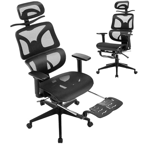 VECELO Swivel Ergonomic High Back Mesh Office Chair with Retractable Footrest, Adjustable Backrest, Tilt Function, 3D Armrests & Headrest, Lumbar Support for Computer Desk/Task Work, Jet Black