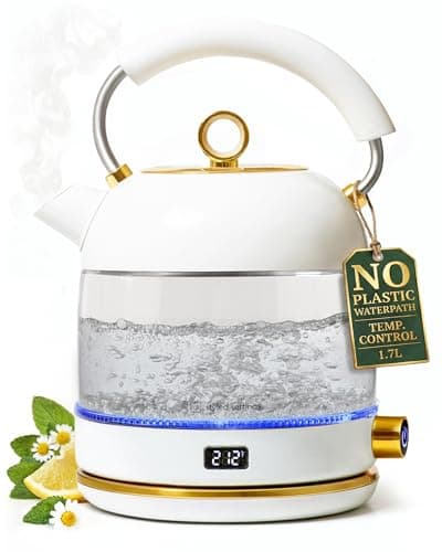 White Electric Tea Kettle with Temperature Control - 1500W Fast Hot Water Boiler and Warmer - White and Gold Electric Kettle with Keep Warm Function, BPA-Free Glass Body, Stylish Design, Auto Shut-Off