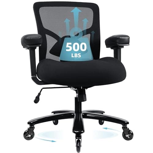 Coolka 500LBS Big and Tall Office Chair with 4D Armrests & Adjustable Backrest, Heavy Duty Office Chair for Heavy People, Memory Foam Seat Filling Springs, Black