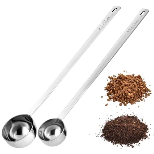 18/8 Stainless Steel Coffee Scoops, Doosu Food-Grade Metal Measuring Spoons with 8.5in Long Handle, Tablespoon Scooper for Coffee Beans, Ground Coffee, Espresso, Protein Powders, Tea (1 & 2 Tbsp)