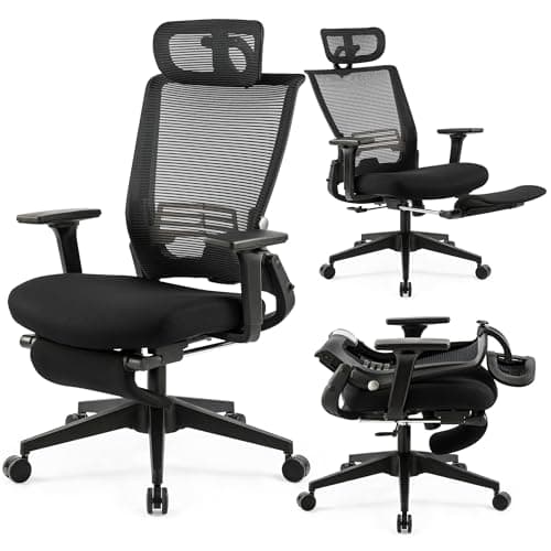 Foldable Office Chair with Foot Rest, Ergonomic Office Chair with Adjustable Lumbar Support, Headrest, Armrest, Home Office Desk Chairs for Space Saving, Work from Home, Black