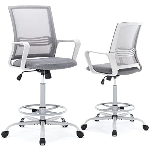 OLIXIS Drafting Chair, Tall Office Chair with Adjustable Foot Ring, Standing Desk Chair Support and Adjustable Armrests, Swivel Rolling Tall Chair, Breathable Mesh, Height Adjustable, Grey