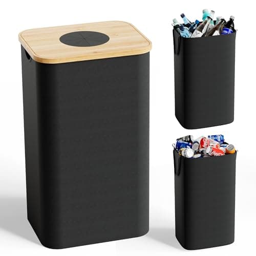 Recycling Bins for Kitchen, 26 Gallon (100L) Recycle Bin with Bamboo lid, Indoor Oxford Fabric Recycling Trash Can with 2pcs Removeable and Reusable Inner Bags for Bottle Can Glass Plastice, Black