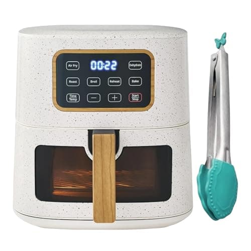 Pioneerr Wmn 5.8 qt Air Fryer, Linen Speckle - Energy Efficient With Rust Resistant Stainless Steel Serving Tong Bundle