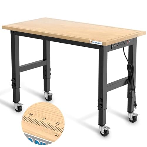 LARBANKE 48" Heavy-Duty Adjustable Workbench with Brake Wheels,Hardwood Worktable Weight Capacity Over 2000 Lbs,Rubber Wood Workbench has Adjustable 5 Different Heights,for Workshop,Garage,Office,Home