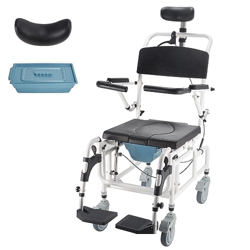 4-in-1 Bedside Commode Chair, Tilt 30°Shower Commode Wheelchair, Versatile with Headrest and Bucket, Adjustable Transport Rolling Chair for Elderly, Disabled, Adults