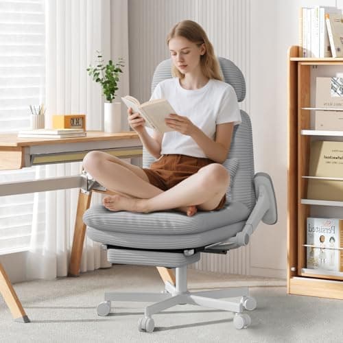 GXJ Criss Cross Chair with Wheels & Flip-up Arms, Executive Office Chair with Foot Rest, Swivel Cross Legged Office Chair with Lumbar Pillow, Corduroy Comfy Computer Desk Chair for Home, Grey