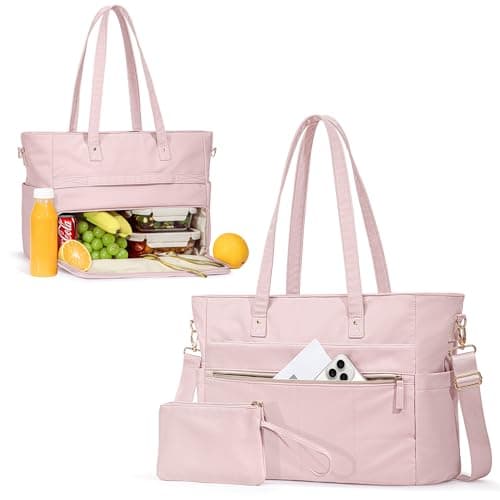 Marscamd Lunch Tote Bag with Insulated Compartment & 15.6" Laptop Sleeve, Womens 2-in-1 Waterproof Work Bag for Office with a Purse & Crossbody Strap, Pink
