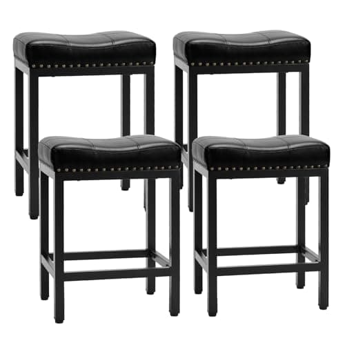 Sweetcrispy Bar Stools Set of 4, 24 Inch Counter Height Stools, PU Leather Upholstered Bar Chairs with Footrest, Modern Bar Stools for Kitchen Island, Dining, Living Room, Black