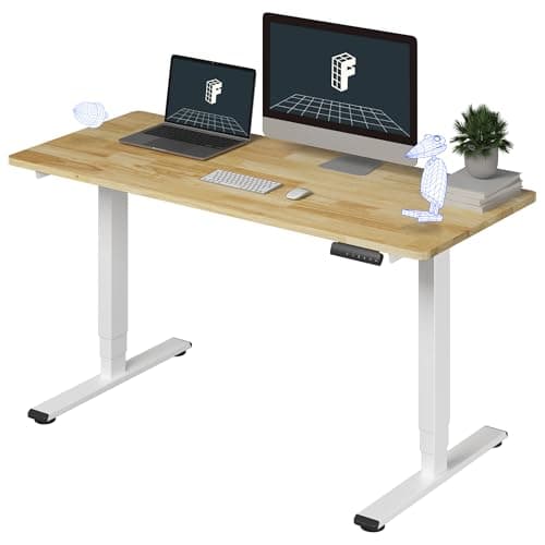 FlexiSpot E6 Solid Wood 3-Stage Dual Motor 55 x 24 Electric Standing Desk, Holds 220 lbs, Adjustable Height w/ Memory Presets, Butcher Block Rubberwood Desktop & White Frame, Ships in 2 Boxes