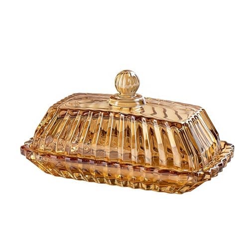 QFkirs Amber Glass Butter Dish with Lid, Crystal Covered Butter Dish for Countertop for Kitchen Dining Table Decor, Butter Tray Keeper Container