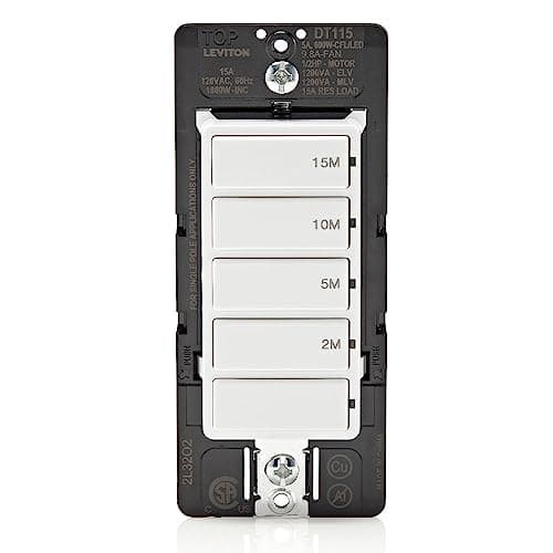 Leviton Countdown Timer Switch for bathroom fan and household lights, 2-5-10-15 min, No Neutral Required, Single Pole, 15A, 1/2 HP/9.8A Fan/Motor, DT115-1LW, White