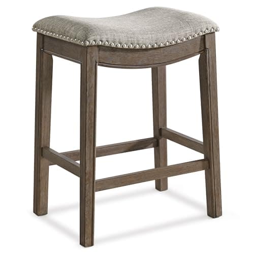 ROME + OAK Parker 26 Inch Counter Stool, Backless Saddle Kitchen Barstool in Walnut Finish with Grey Fabric Upholstery Cushion Seat