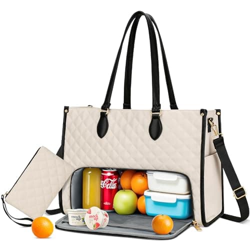 KKXIU Lunch Bag for Women - 15.6" Laptop Bag with Insulated Lunch Compartment, 2 in 1 Tote & Lunch Bags Combo with Large Capacity, Quilted Computer Handbag for Work, Office, Nurse, Teacher (Beige)