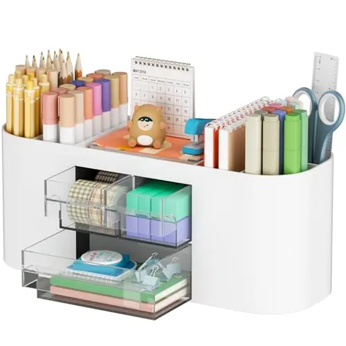 Marbrasse Desk Organizer Pen Holder for Desk with 3 Drawers, Multi-Functional Pencil Holder, Desk Organizers and Accessories with 7 Compartments for Home, School, Classroom(White)