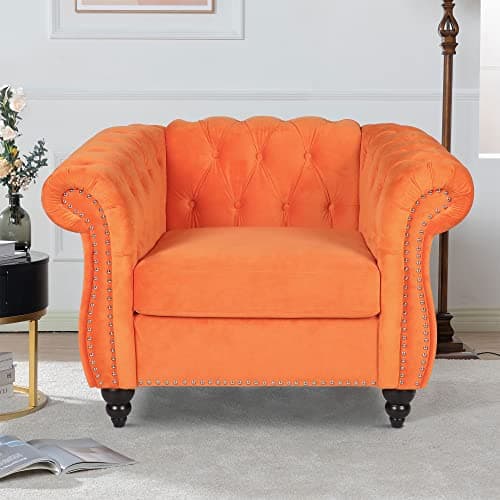 LEVNARY Velvet Chesterfield Armchair, Modern Sofa Chair with Button Tufted Backrest, Tufted Upholstered Rolled Chair for Home Reading Room (Orange)