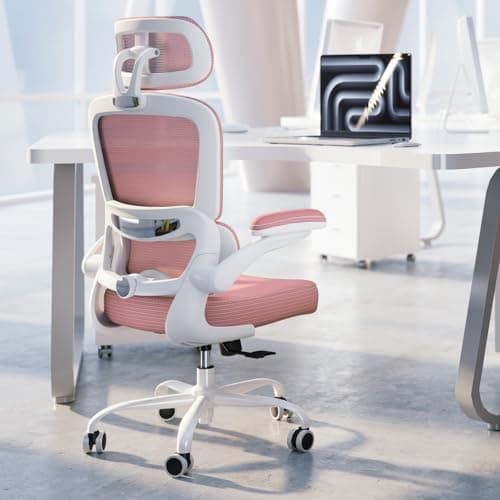 TRALT Ergonomic Office Chair - Desk Chair with Adjustable Headrest Lumbar Support Computer Chair - Mesh Comfy Chair with Flip-up Armrests - Gaming Chairs for Adults Home Office (Leather, Pink)