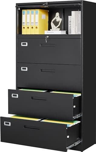 Fesbos Black 4 Drawers Lateral File Cabinet with Storage Cabinet - Metal Steel Filling Cabinets for Home Office - Lockable Storage Cabinet for Hanging Files Letter/Legal/F4/A4 Size-Assembly Required