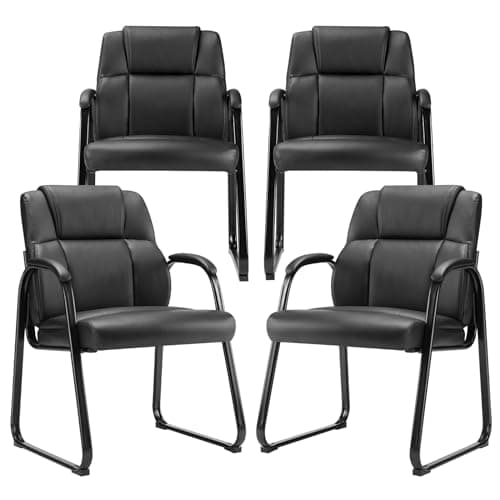 Sweetcrispy Leather Office Guest Chair Set of 4, Comfy Waiting Room Chairs No Wheels, Padded Arms and Seld Base, for Reception Conference Room