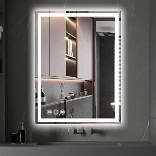 Memobarco LED Mirror for Bathroom 20"x 28" with Frontlit and Backlit, Anti-Fog Mirror with Lights, Stepless 3 Colors Temperature & Dimmable Bathroom Mirror, Memory Tempered Glass Mirror for Bathroom