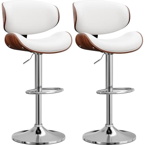 YaFiti Bar Stools Set of 2, Bentwood Adjustable Height Swivel Bar Stools, PU Leather Upholstered Bar Chair with Back and Footrest for Bar, Kitchen, Dining Room, White