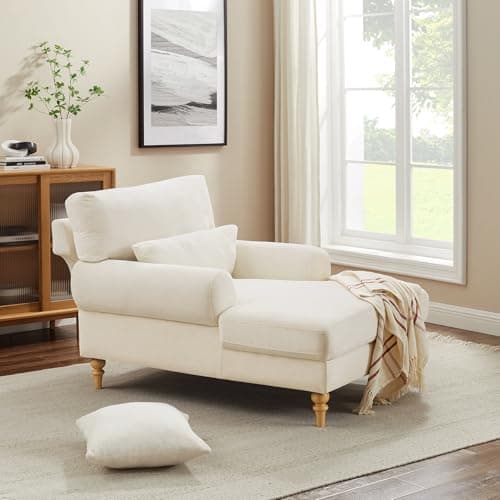 Condemo Modern Chaise Lounge Chair with Adjustable Backrest, Upholstered Indoor Leisure Sofa Recliner, Oversized Accent Chair Deep Seat Reading Armchair for Living Room, Bedroom, Office, Beige White