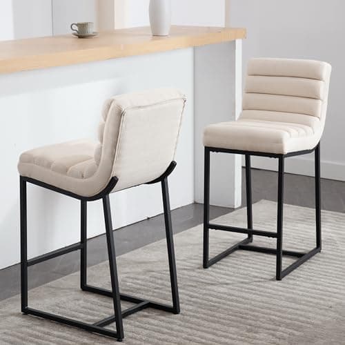 RIVOVA 26" H Counter Height Bar Stools Set of 2 with Footrest, Linen Upholstered Kitchen Barstools, Modern Counter Stools for Kitchen Island, Apartment, Counter Bar, Cream