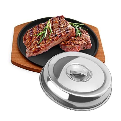 VIKKSAER Sizzling Plate With Wooden Base & Cover, 9" Cast Iron Steak Plates Sizzling Set, Steak Pan Grill Fajita Server Plate for Restaurant Home Kitchen Cooking Accessory