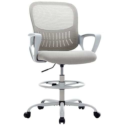 MCQ Drafting Chair with Fixed Armrests and Foot-Ring, Tall Office Chair for Standing Desk Adjustable Height Office Desk Chair for Home Office, Breathable Mesh Swivel Rolling Tall Chair Grey