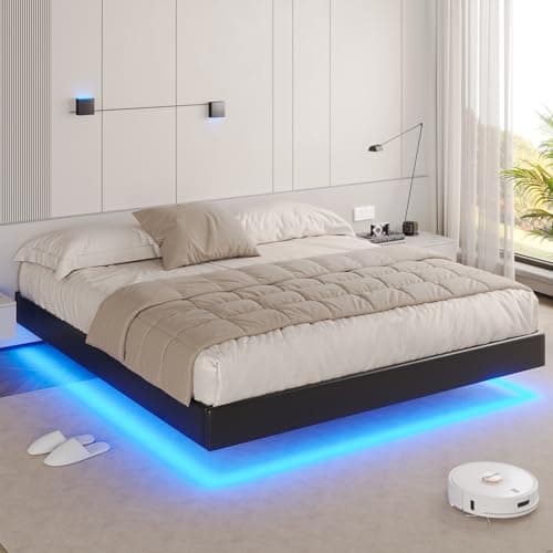DICTAC California King Floating Bed Frame with LED Lights Faux Leather Upholstered Cal King Size Platform Bed Frame No Headboard California King LED Bed No Box Spring Needed,Easy to Assemble,Black