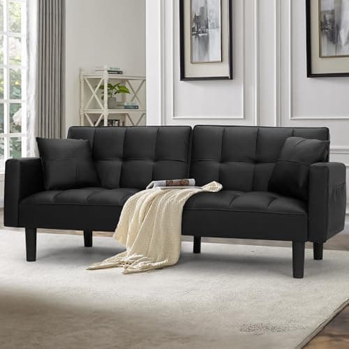AVAWING Futon Sofa Bed, Modern Leather Convertible Upholstered Sleeper Couch with Adjustable Back, Arms and High Strength Nylon Legs for Living Room, Apartment, Office (Black)