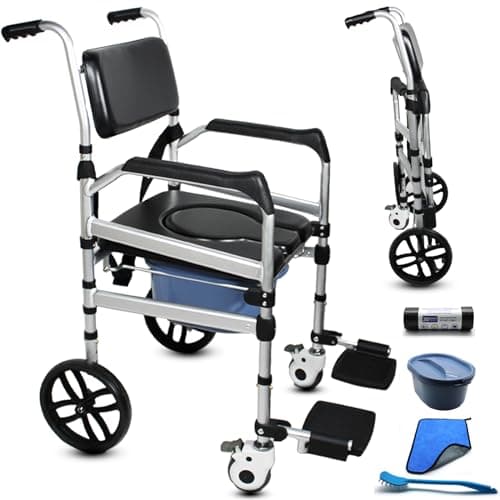NexusSmash Folding Bedside Commode with Wheels, Padded Shower Chair with Bucket, Rolling Shower Commode Chairs with Soft Backrest, Bedside Commodes for Senior & Handicap