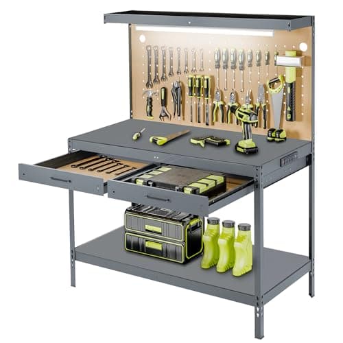 Henetion Work Bench, Workbench with Power Outlets and Light, A3 Steel Work Table with Drawers, Pegboard, 600LBS Capacity Garage Workbench, Heavy Duty Work Benches for Garage Workshop, Basement, Gray