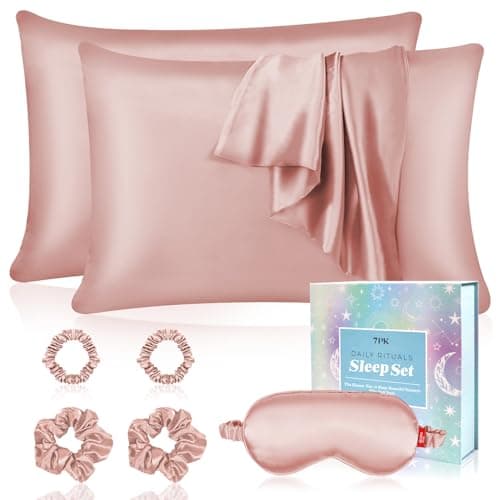 my novel things Satin Pillowcase Gift Set with Silk Satin Sleep Mask 4 Scrunchies, 2Pack Standard Size Pillow Cases Luxury Sleeping for Women Wife Birthday Valentines Day Gifts for Her Girlfriend