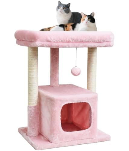 SYANDLVY Small Cat Tree for Indoor Cats Large Adult, 27" Activity Tower with Scratching Posts, Modern House with Padded Perch, Kittens Condo, Cat Cave, Pink