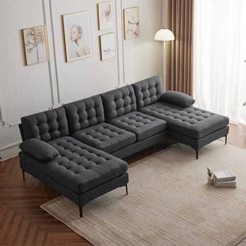 Karl home Sectional Sofa 110" U-Shape Sofa Couch Linen Fabric Upholstered with Double Chaises, Lattice Decorated, for Living Room, Apartment, Studio, Office, Dark Gray