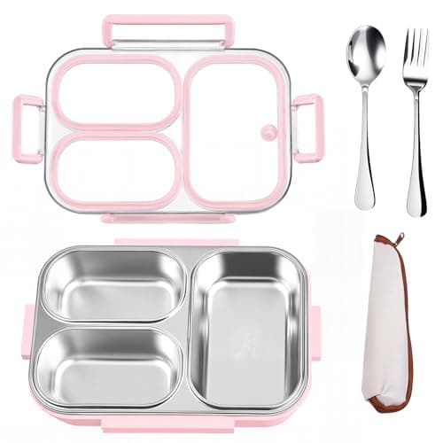VACAID 25oz Stainless Steel Lunch Kit (Bento Box + Fork/Spoon) - 3 Leakproof Compartments - Food-Grade 18/8 Steel for Kids & Adults - School/Office/Travel Ready - Dishwasher Safe (Pink)