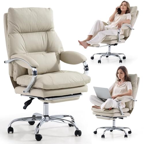 LEAGOO Office Chair with Foot Rest, Ergonomic Executive Office Chair with Arms, Reclining High Back PU Leather Comfy Swivel Computer Desk Chairs with Wheels and Lumbar Support for Home Office, Cream