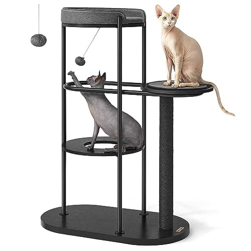 Feandrea Modern Cat Tree, Heavy Duty Cat Tower, Steel Tube and Particleboard, Platform with Cushion, Sisal Cat Scratching Post, Hanging Cotton-Linen Ball, 31 x 17 x 44 Inches