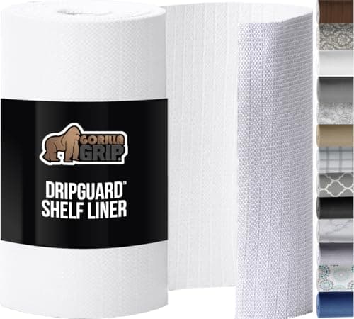 GORILLA GRIP DripGuard Shelf Liner, Non-Adhesive Drawer and Kitchen Cabinet Protector, Strong Grip Slip Resistant Underside, Smooth Surface Liners for Cabinets, Bathrooms, Closets, 12x120 Inch, White