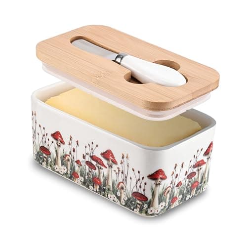 Fungi Fun Ceramic Mushroom Butter Dish with Lid and Knife, Cute Butter Dish for Countertop and Fridge, Ceramic Container for Countertop with Lid and Selicon Seal, Ideal for Mushroom Kitchen Decor