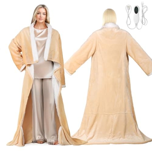 Electric Wearable Heated Blanket with Foot Pocket, Heated Blanket Wearable with Sleeves for Sofa, Flannel & Sherpa Electric Throw Blanket, 10 Heat Settings & 2-8H Auto Shut-Off, 50*70"+18", Beige